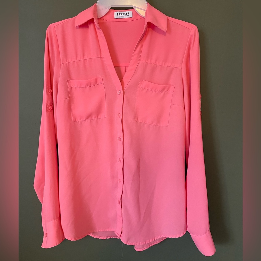 Express Women's Portofino Bright Coral Pink Button-Down Shirt XS